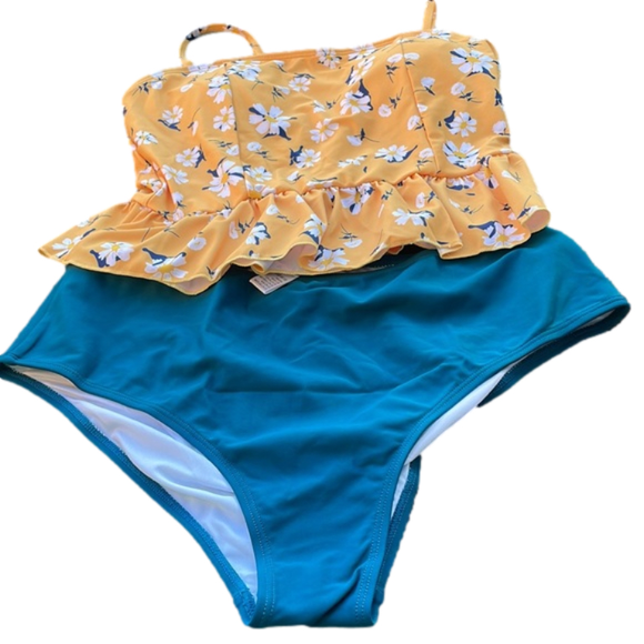 Swimsuit 2 Piece Ruffle Tummy Control Peplum Spaghetti StrapTankini Med - Picture 2 of 9